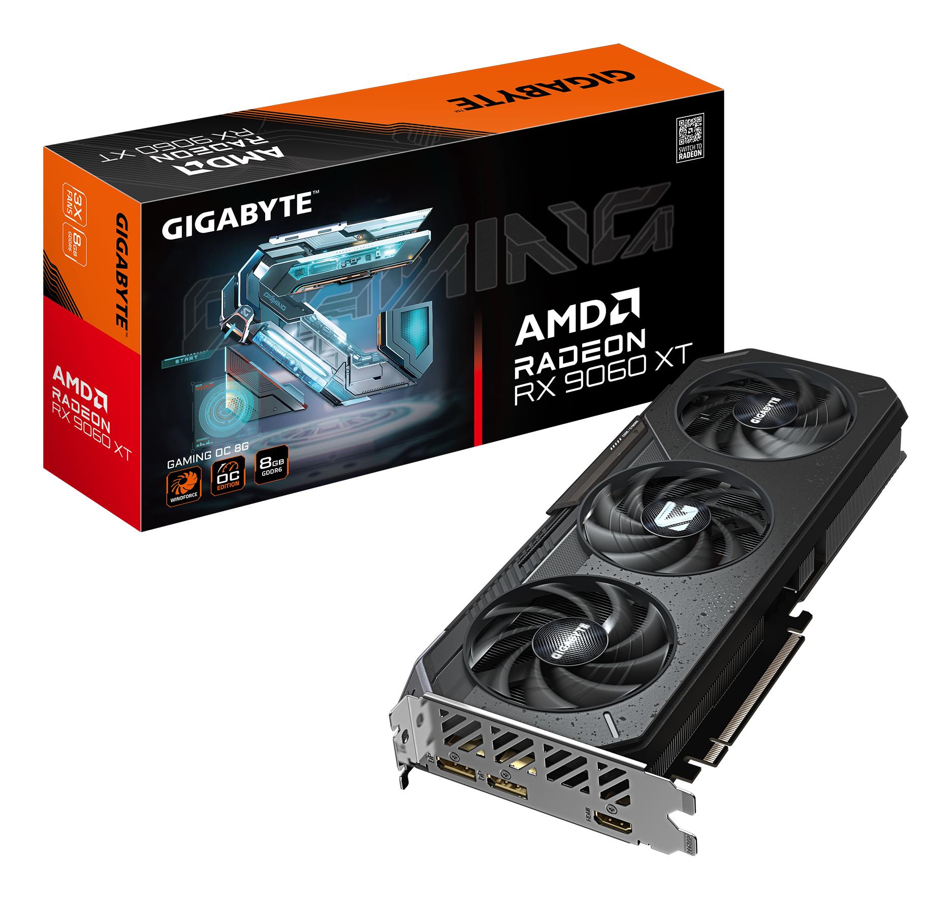 Graphics Card|GIGABYTE|AMD Radeon RX 9060 XT|8 GB|GDDR6|128 bit|PCIE 5.0 16x|Triple slot Fansink|1xHDMI|2xDisplayPort|GV-R9060XTGAMINGOC-8GD