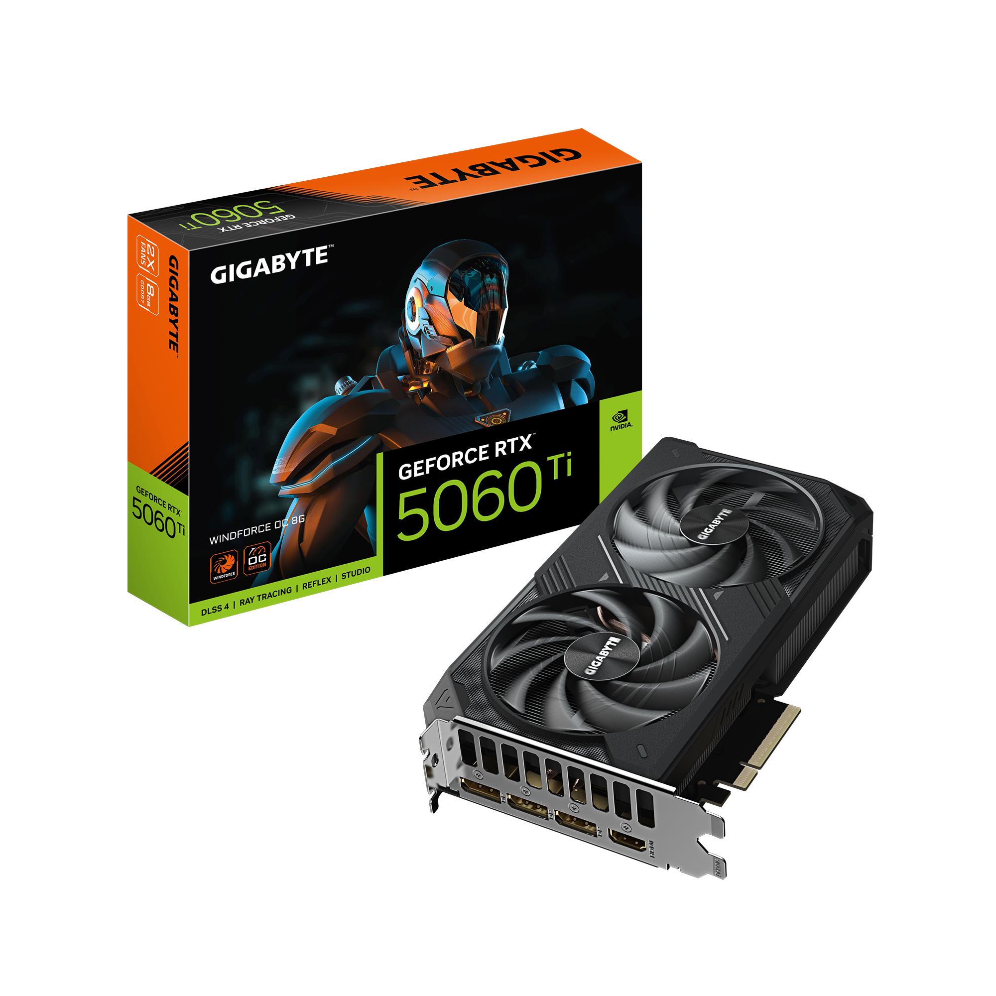 Graphics Card|GIGABYTE|NVIDIA GeForce RTX 5060 Ti|8 GB|GDDR7|128 bit|PCIE 5.0 16x|GPU 2587 MHz|Dual Slot Fansink|1xHDMI|3xDisplayPort|GV-N506TWF2OC-8GD
